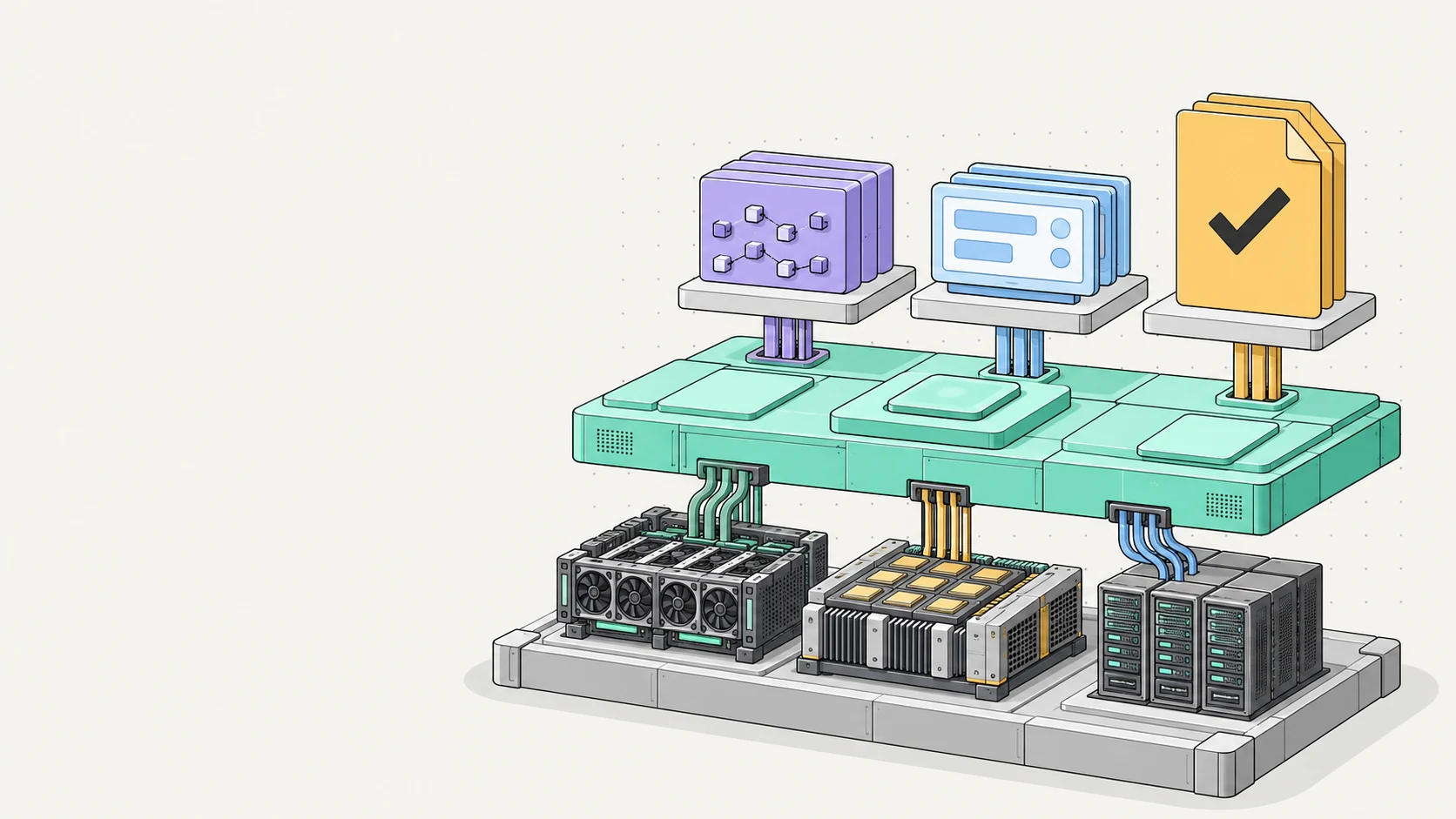 Model versions, evaluations and run records connected through one software layer to different compute architectures.
